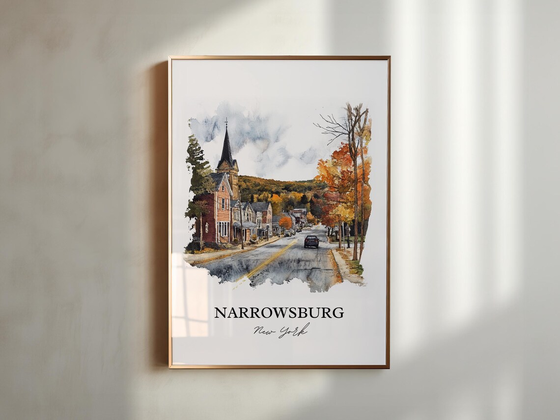 Narrowsburg New York Autumn Main Street Church Watercolor Poster - Image 5