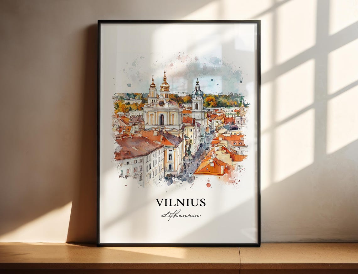 Vilnius Lithuania Old Town Churches Watercolor Travel Poster