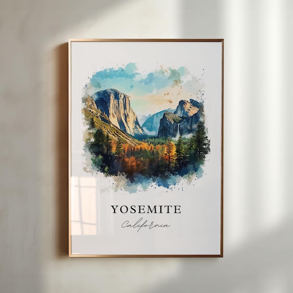 Yosemite California Watercolor Granite Cliffs Valley Scene Print