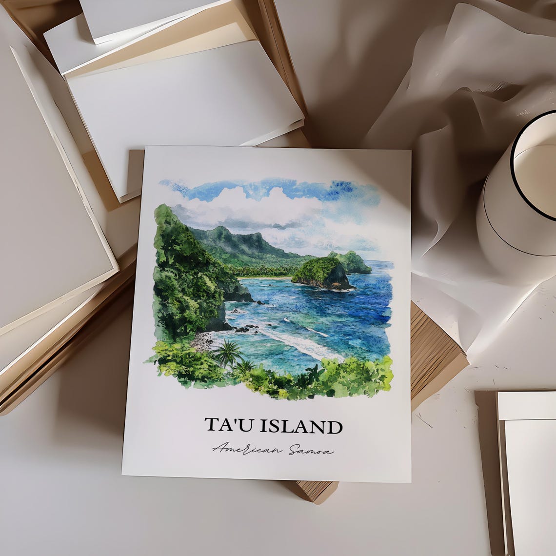 Ta'u Island American Samoa Dramatic Cliffs Cove Watercolor Poster - Image 3