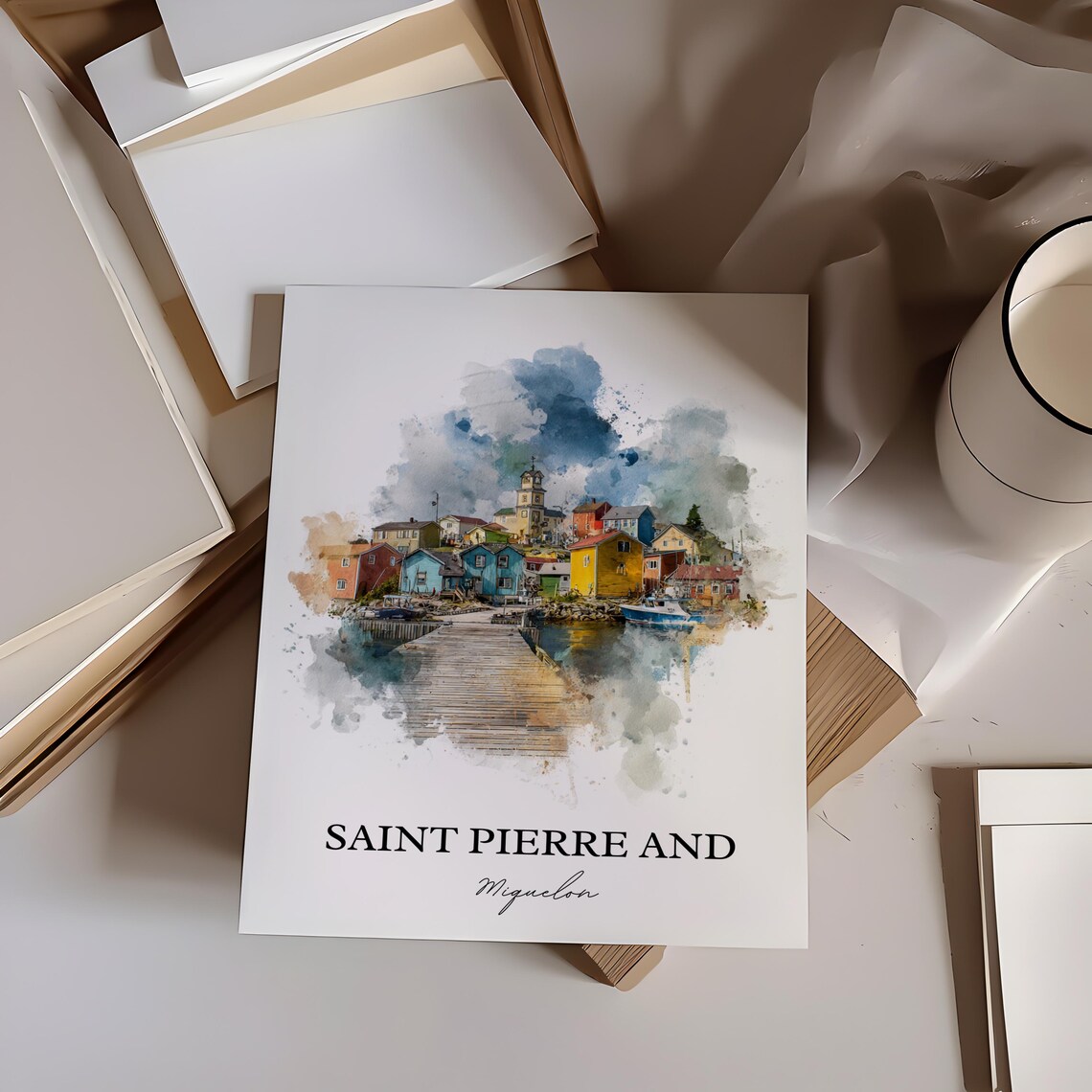 Saint Pierre and Miquelon Watercolor Fishing Village Harbor Poster - Image 3