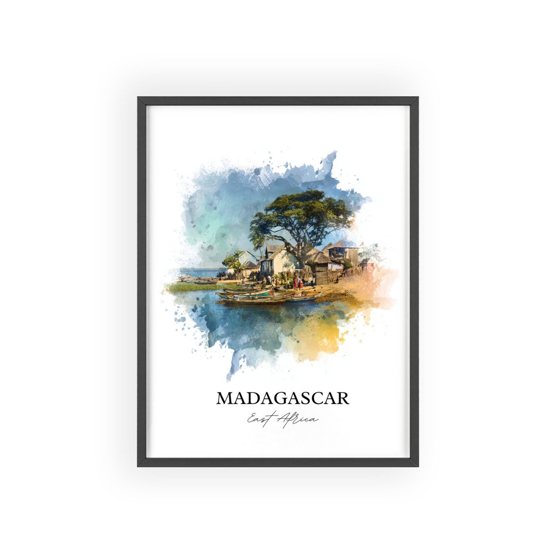 Madagascar East Africa Fishing Pirogue Village Watercolor Poster - Image 2