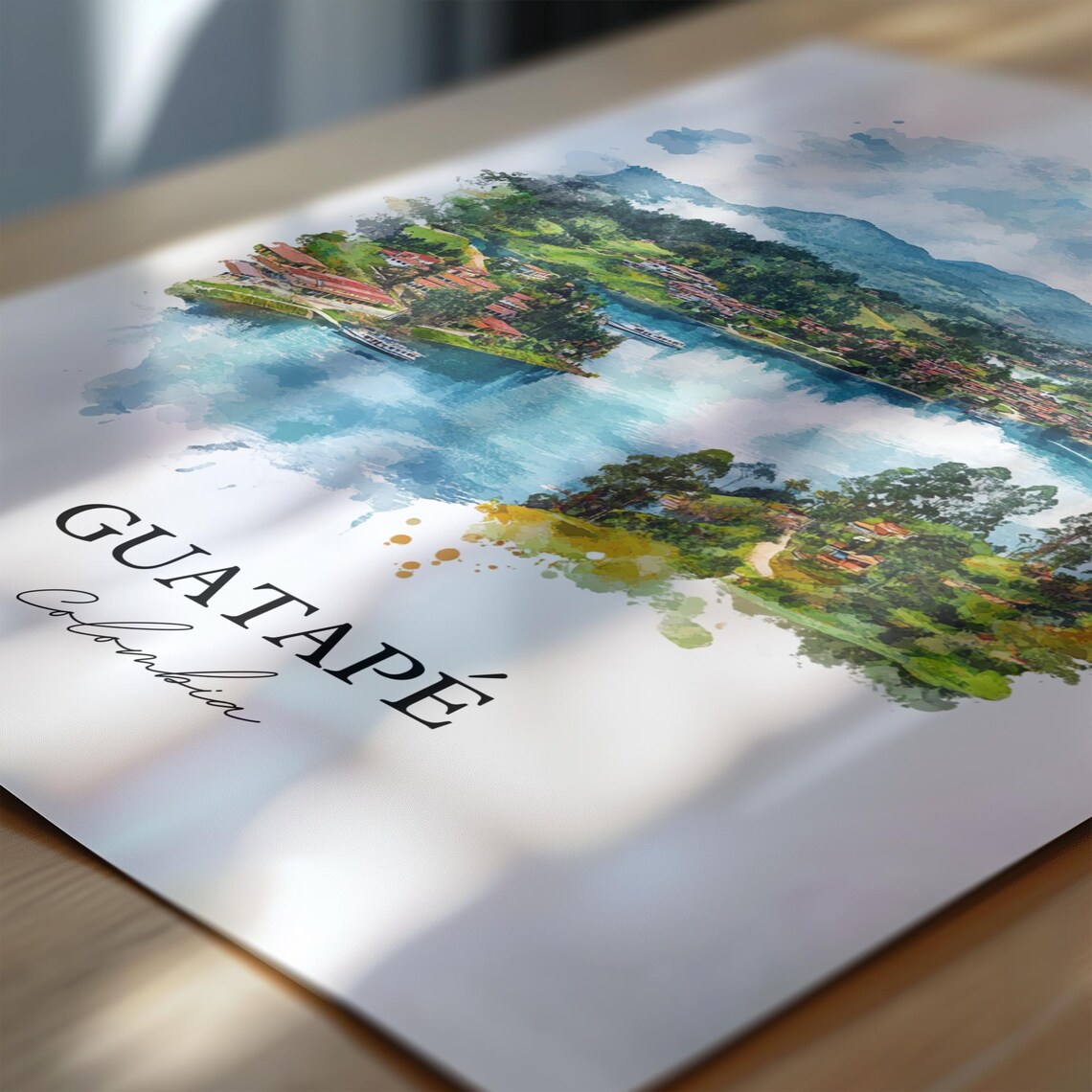 Guatape Colombia Blue Lake Mountain Town Watercolor Travel Poster - Image 6