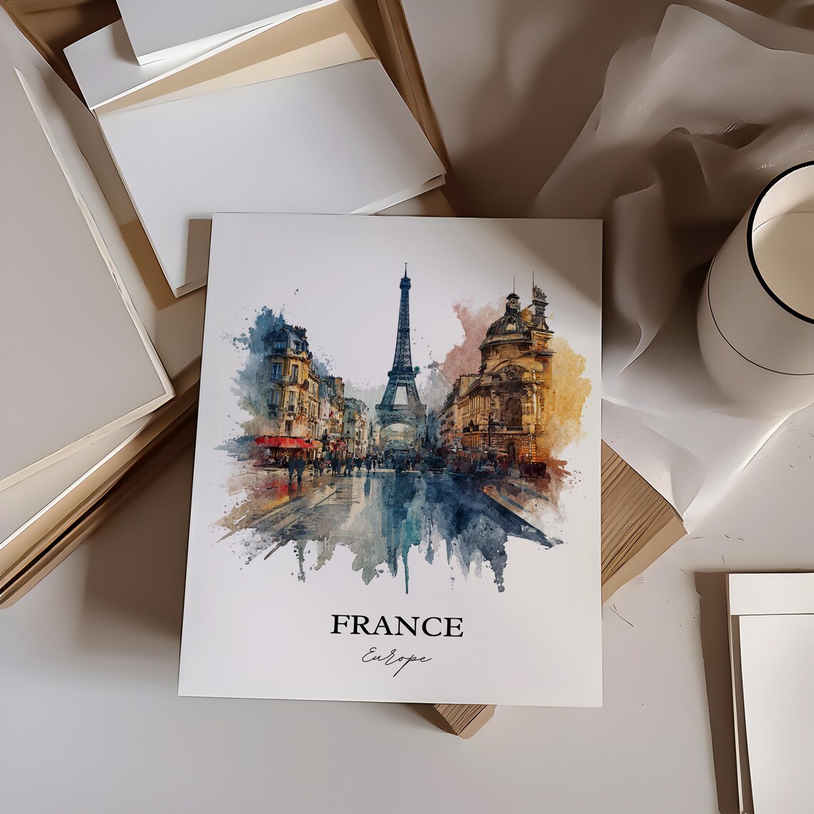 France Paris Eiffel Tower Street Watercolor Europe Travel Poster - Image 2