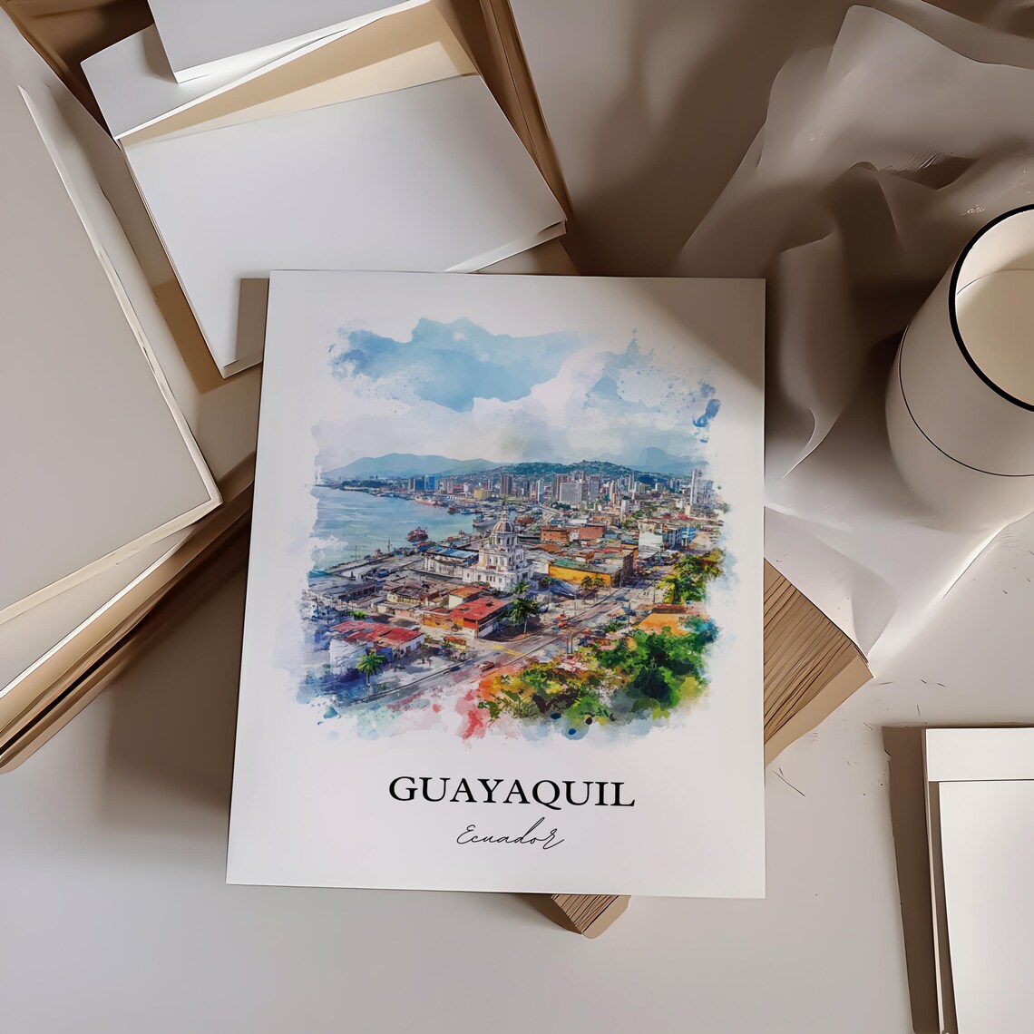 Guayaquil Ecuador Watercolor Harbor Cityscape River Travel Poster - Image 5