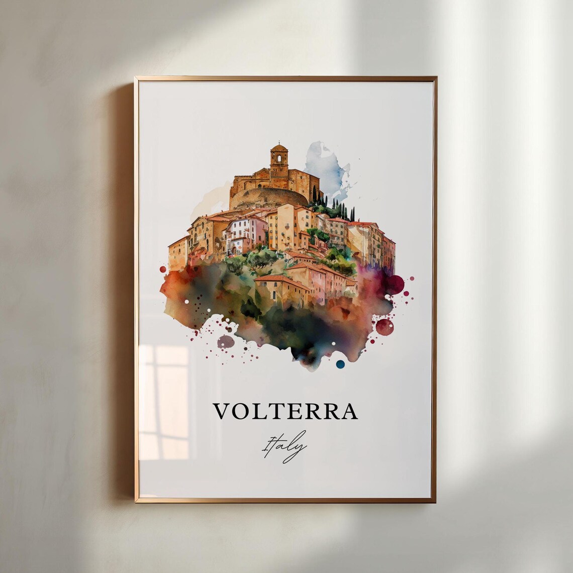 Volterra Italy Golden Tuscan Hilltop Town Watercolor Travel Poster