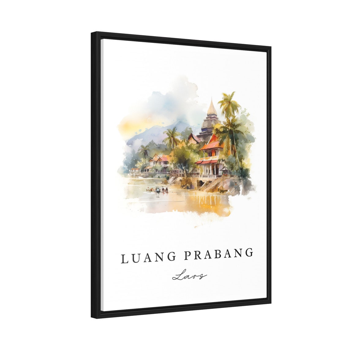 Luang Prabang Laos Watercolor Art Riverside Temples Palms Poster - Image 2