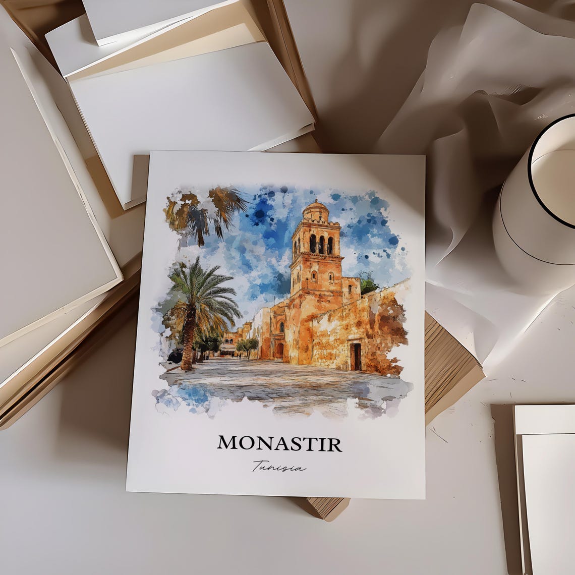 Monastir Tunisia Historic Mosque Palm Trees Watercolor Travel Poster - Image 2
