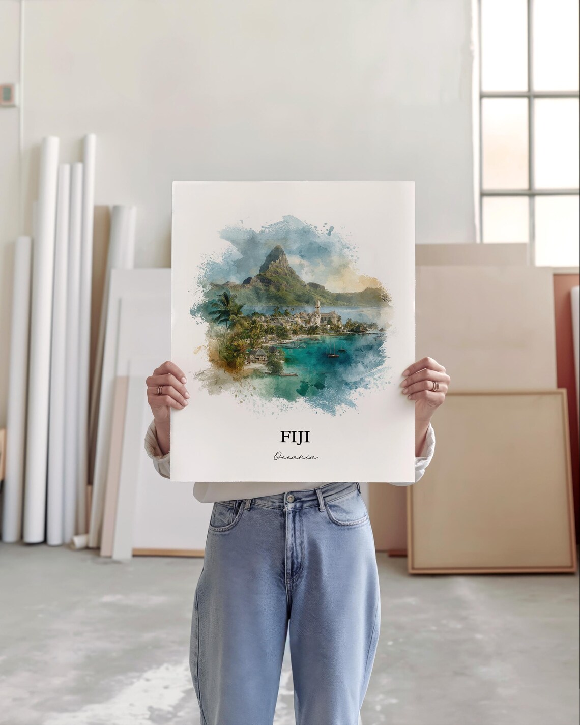 Fiji Oceania Tropical Mountain Harbor Town Watercolor Travel Poster - Image 3