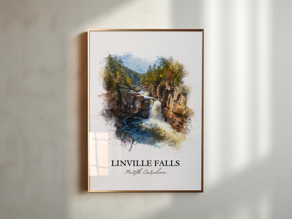 Linville Falls North Carolina Rocky Gorge Cascade Watercolor Poster - Image 3