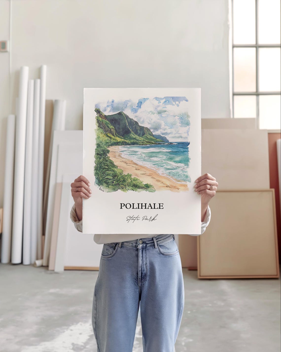 Polihale State Park Kauai Beach Green Cliffs Watercolor Travel Poster - Image 4