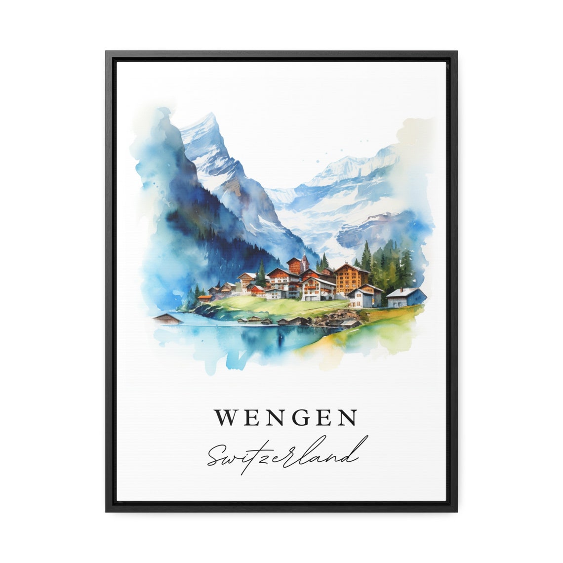 Wengen Switzerland Watercolor Alpine Village Lake Snowy Peaks Poster - Image 3