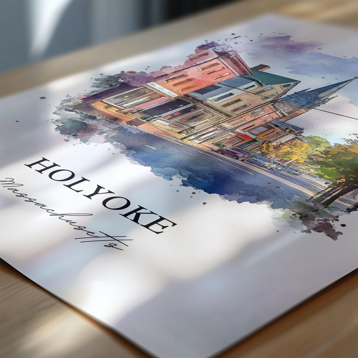 Holyoke Massachusetts Watercolor Church Steeple Street Art Poster - Image 6