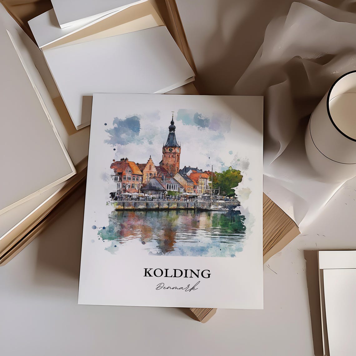 Kolding Denmark Waterfront Church Tower Reflection Watercolor Poster - Image 3