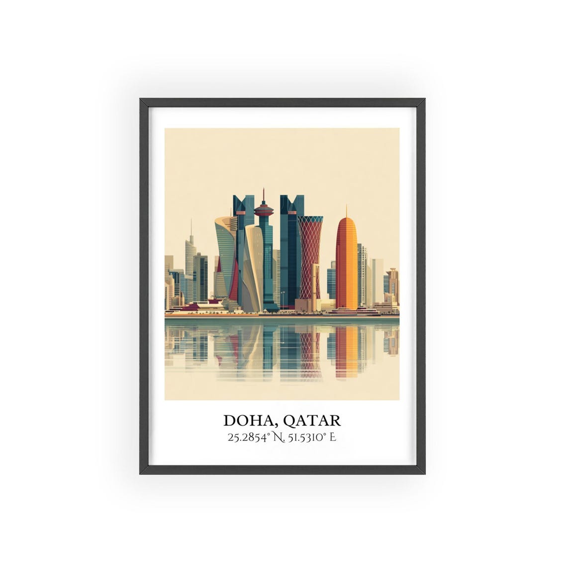 Doha Qatar Skyline Modern Towers Gulf Waterfront Retro Travel Poster