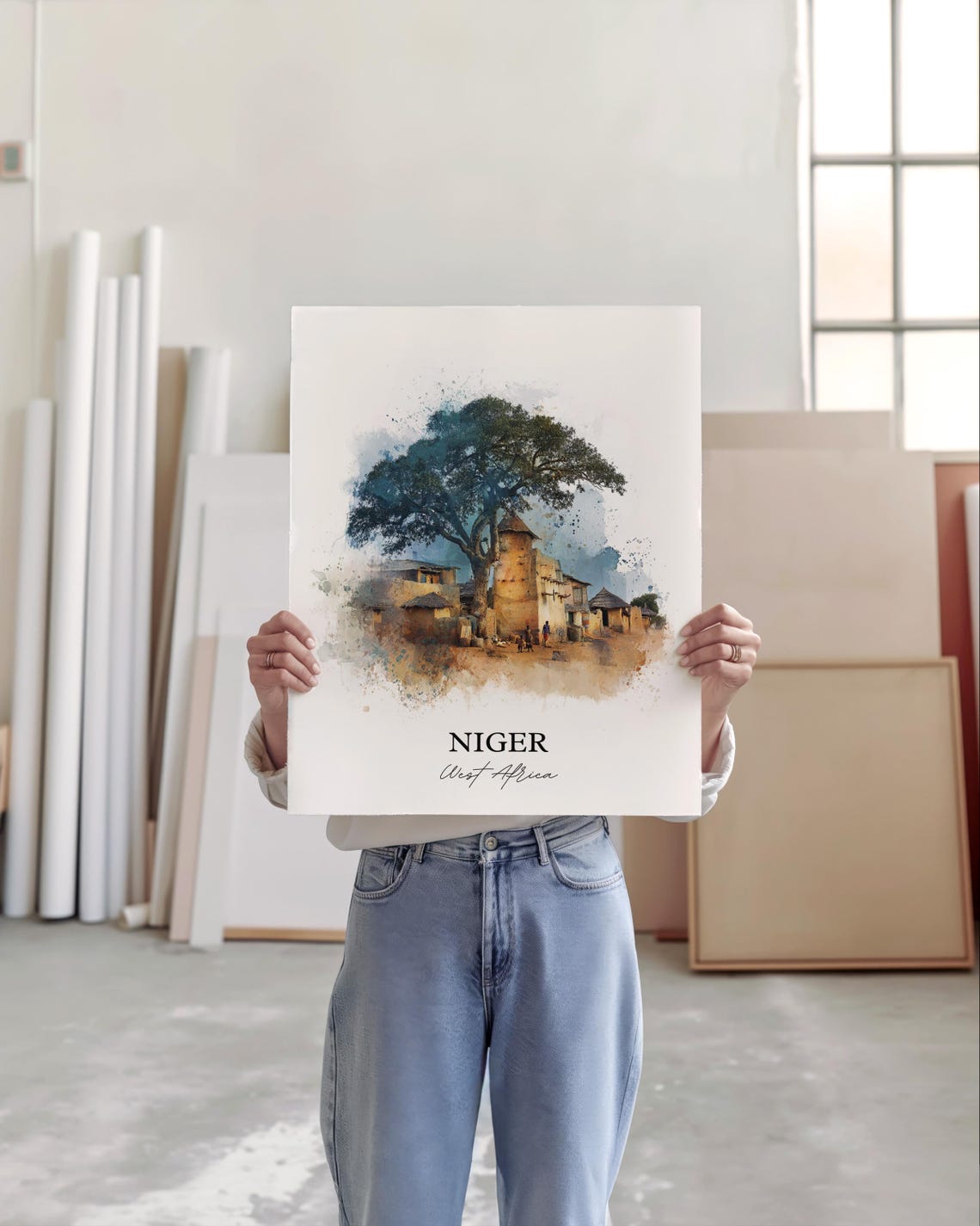 Niger West Africa Desert Village Baobab Shade Watercolor Poster - Image 4