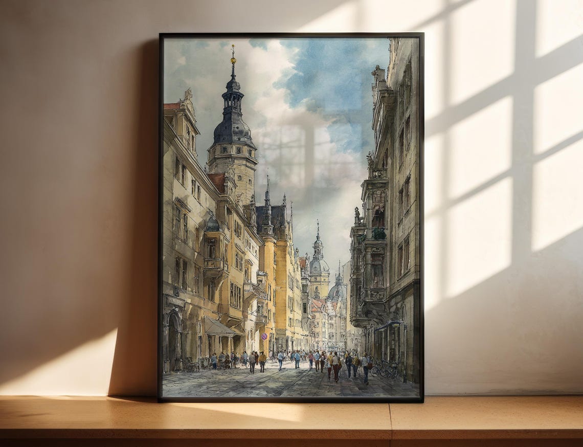 Leipzig Germany Grand Historic Street Baroque Spire Watercolor Print