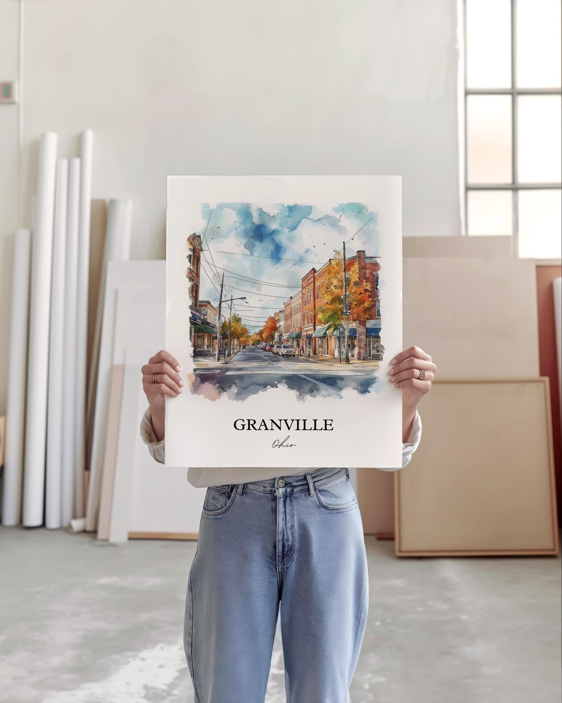 Granville Ohio Watercolor Main Street Autumn Charm Travel Poster - Image 3