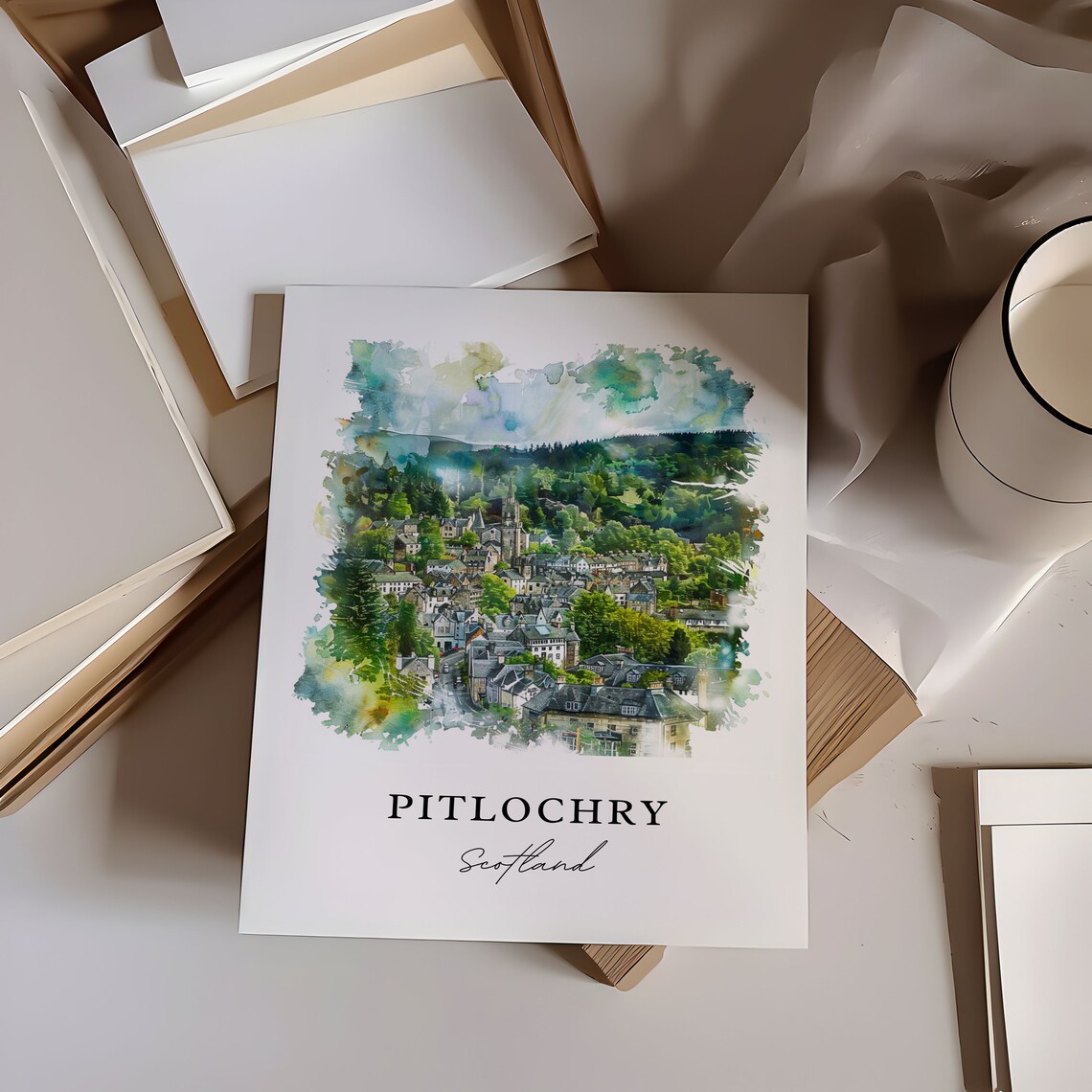 Pitlochry Scotland Highland Town Green Valley Watercolor Travel Poster - Image 6