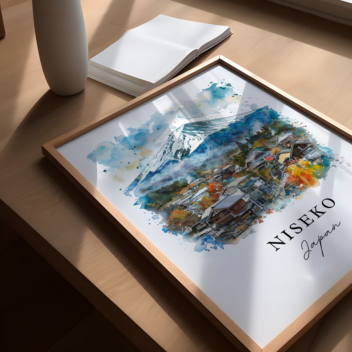 Niseko Japan Watercolor Snow Mountain Village Winter Art Poster - Image 5
