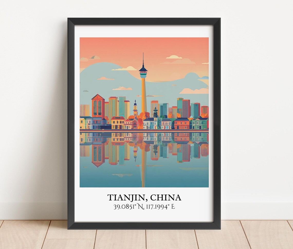 Tianjin China Riverside Skyline Landmark Tower Sunset Travel Poster