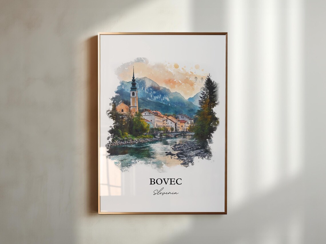 Bovec Slovenia Alpine Riverside Town Watercolor Skyline Travel Poster - Image 5