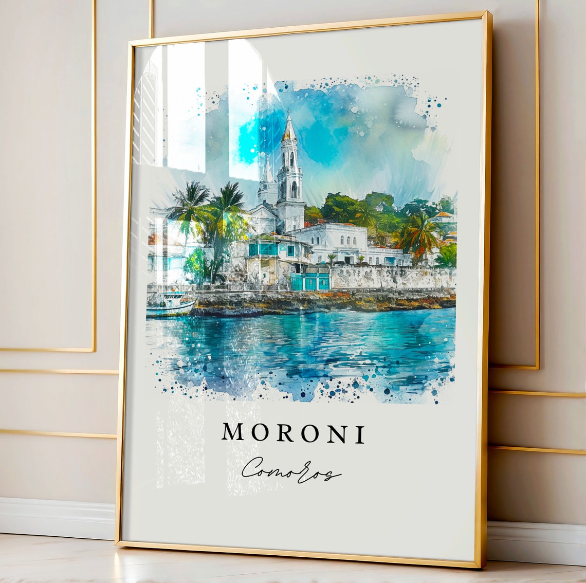 Moroni Comoros Harbor Mosque Watercolor Island Travel Poster - Image 5