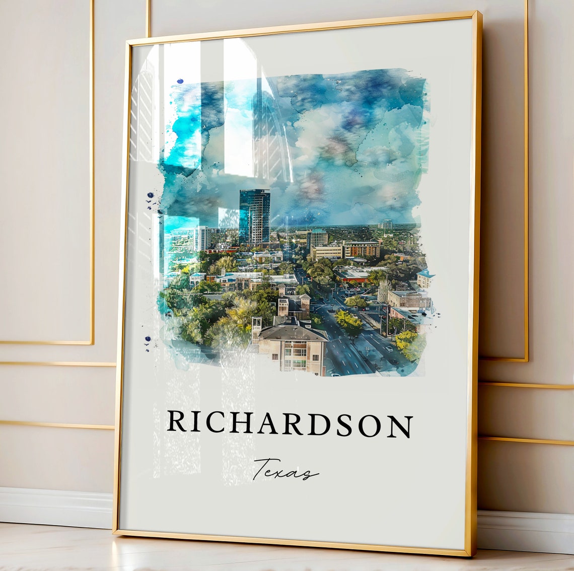 Richardson Texas Watercolor Skyline City View Travel Art Poster - Image 3