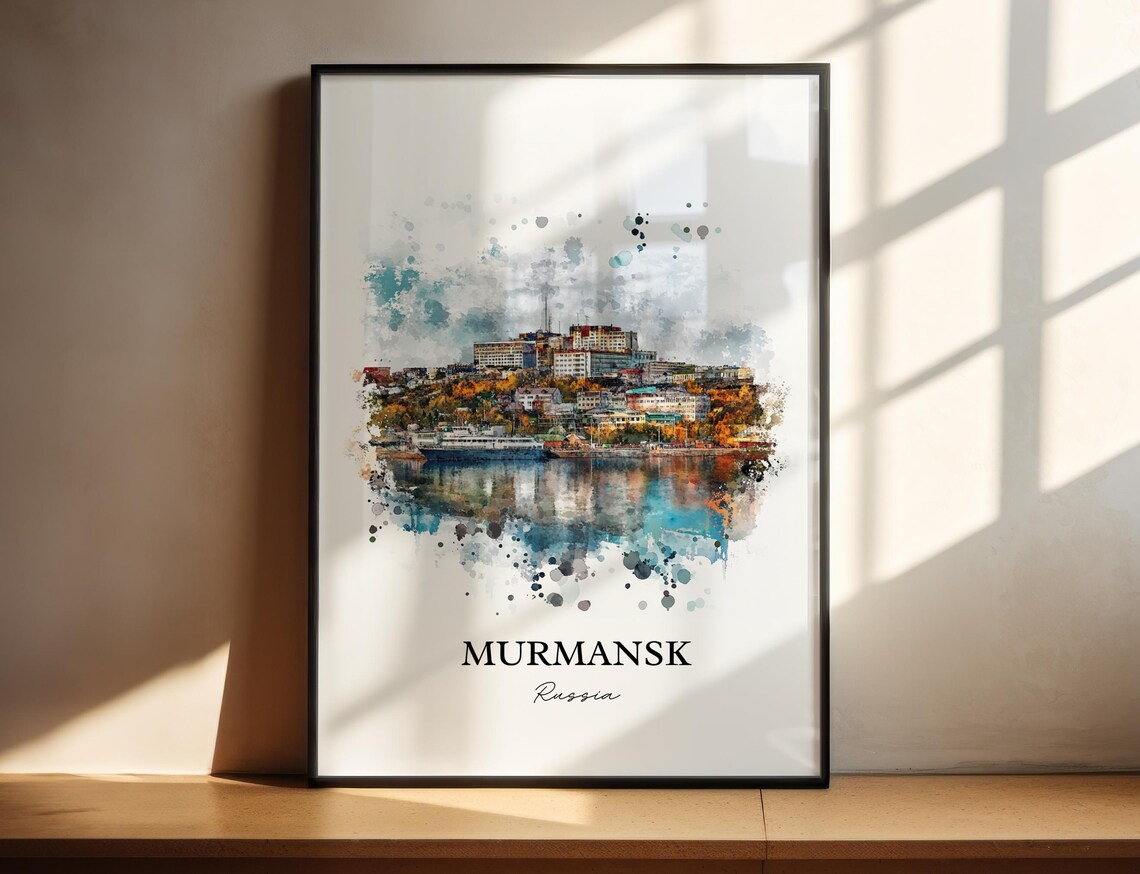 Murmansk Russia Watercolor Harbor City Arctic Scene Travel Poster