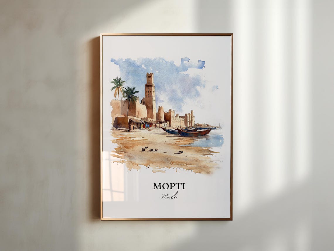 Mopti Mali Riverside Mosque Boats Watercolor Scene Art Poster - Image 6