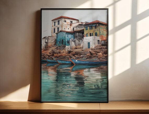 Cape Coast Ghana Watercolor Fishing Boats Harbor Travel Wall Poster