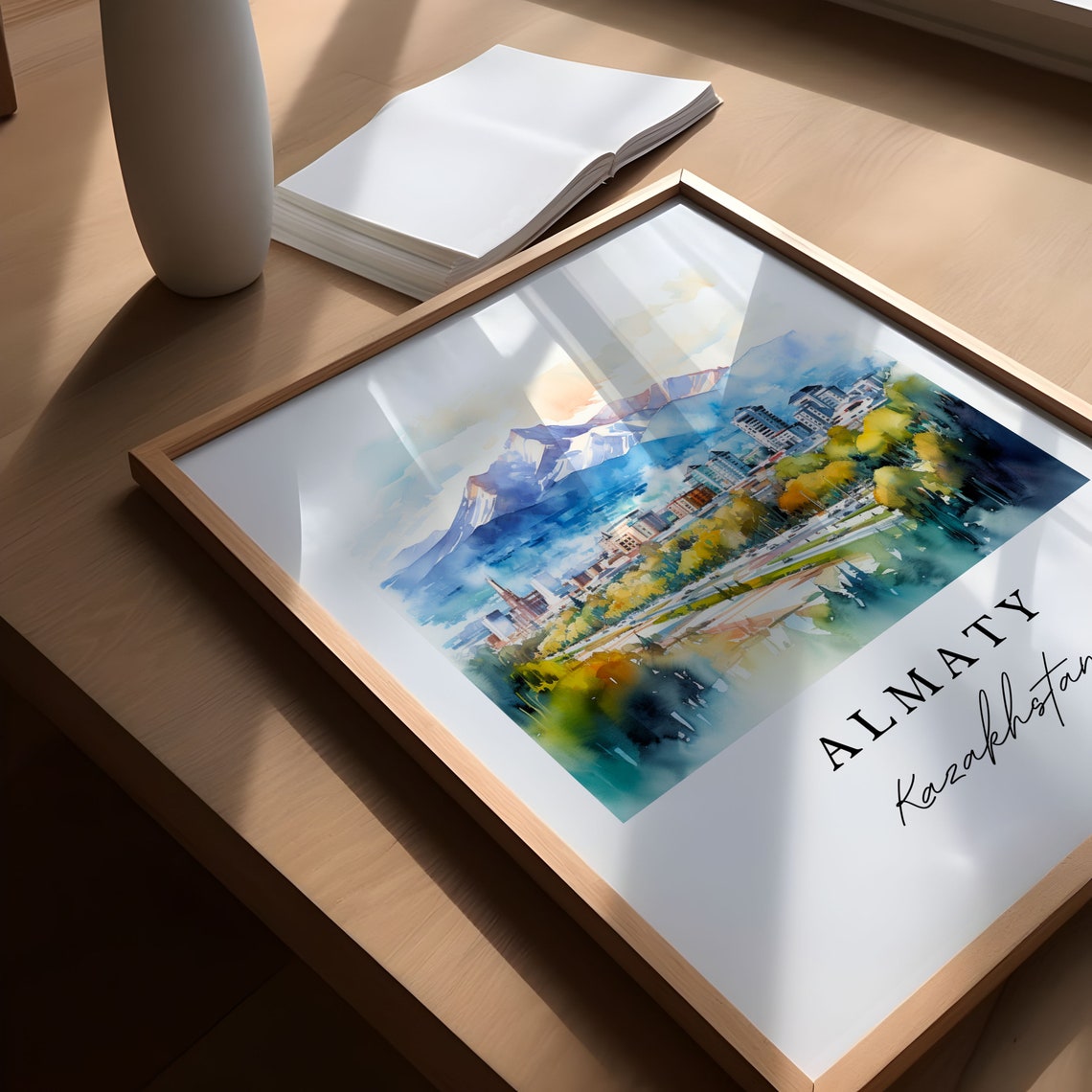 Almaty Kazakhstan Watercolor Art Snow Capped Mountain Skyline Poster - Image 5
