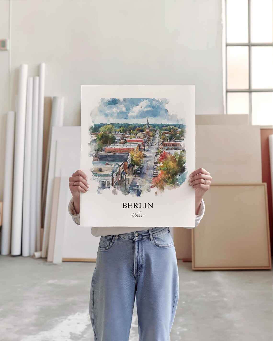 Berlin Ohio Historic Downtown Overlook Watercolor Travel Poster - Image 4