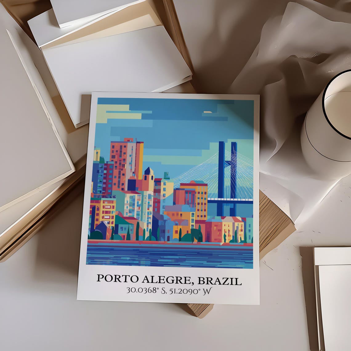Porto Alegre Brazil Skyline Cable Stayed Bridge Retro Travel Poster - Image 5