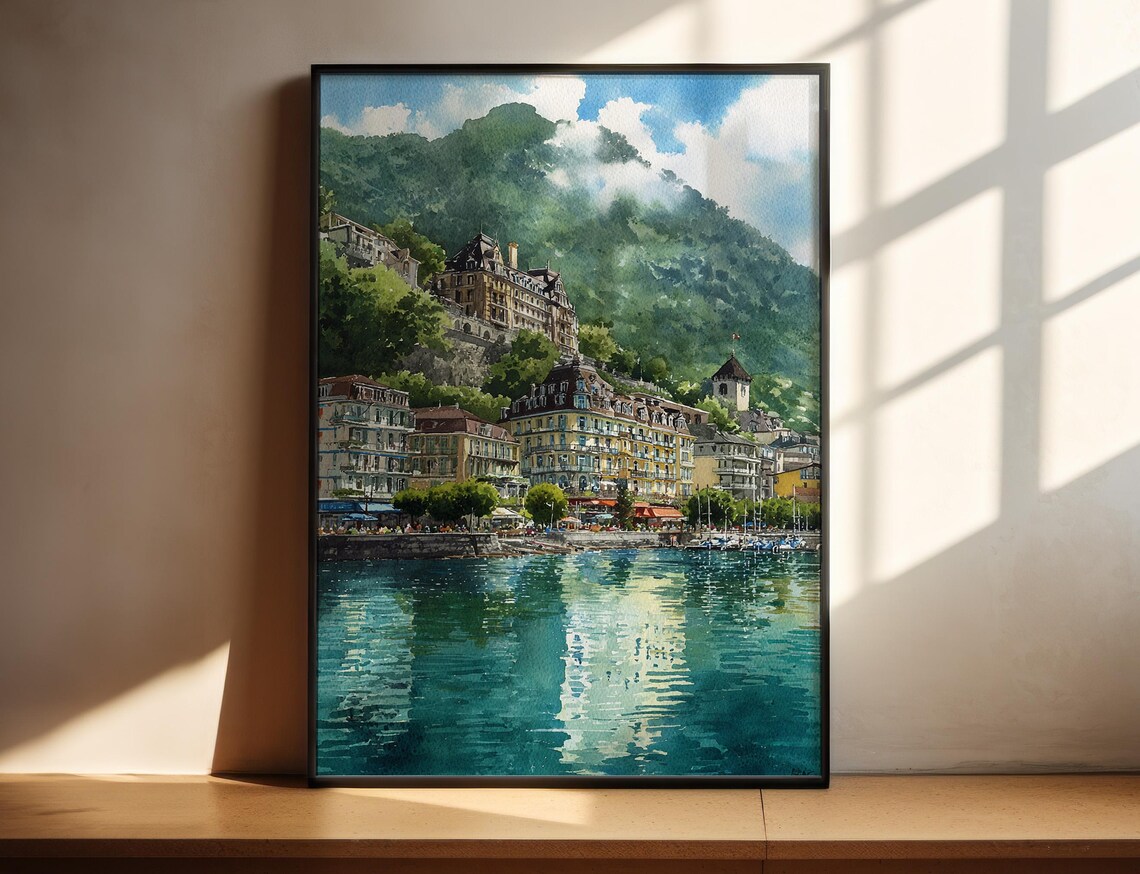 Montreux Switzerland Lakefront Grand Hotels Watercolor Travel Poster