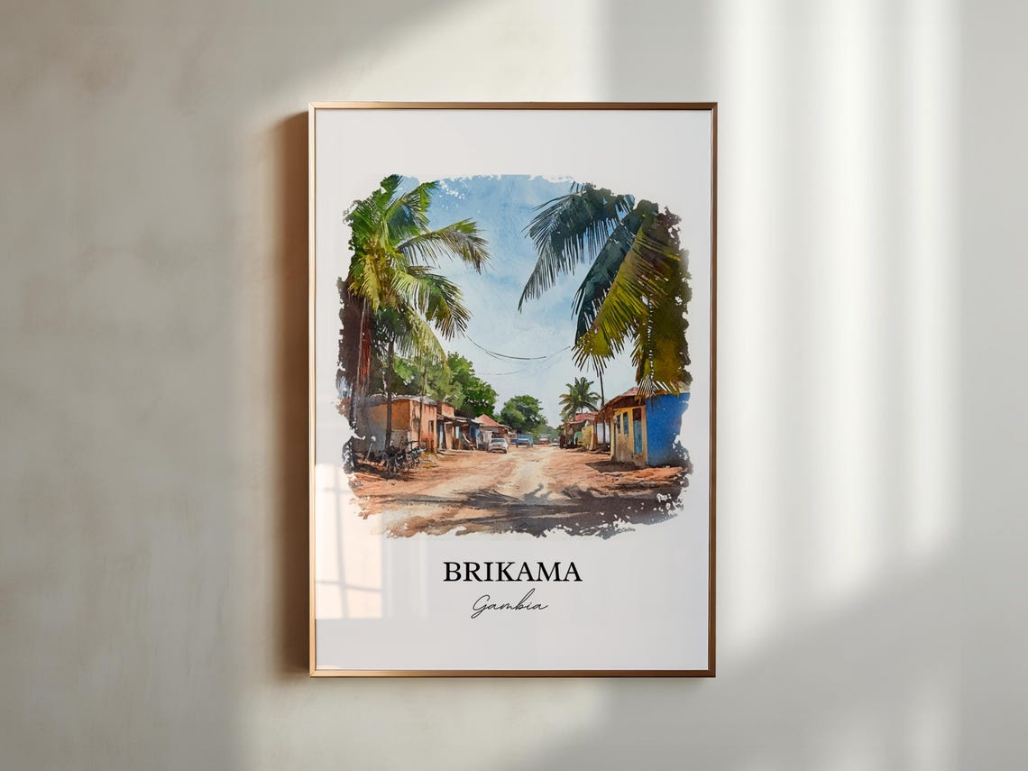 Brikama Gambia Village Road Palm Trees Watercolor Travel Poster - Image 6