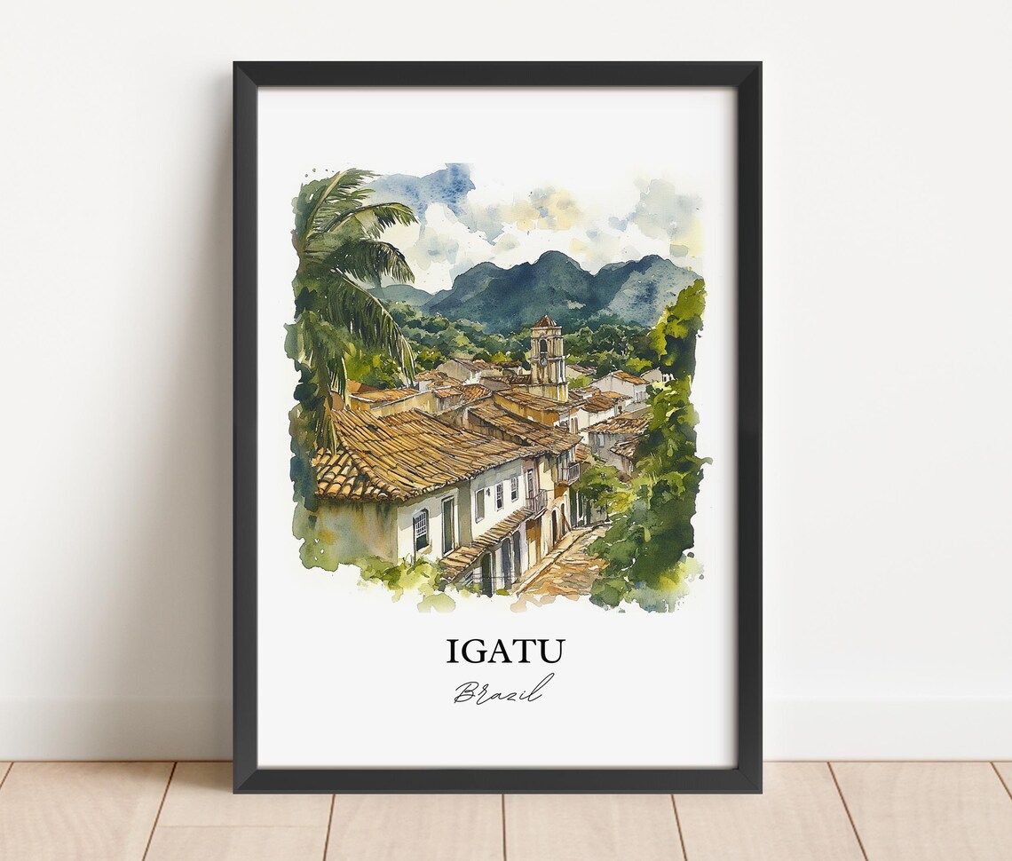 Igatu Brazil Colonial Street Church Tower Mountain Watercolor Poster - Image 4