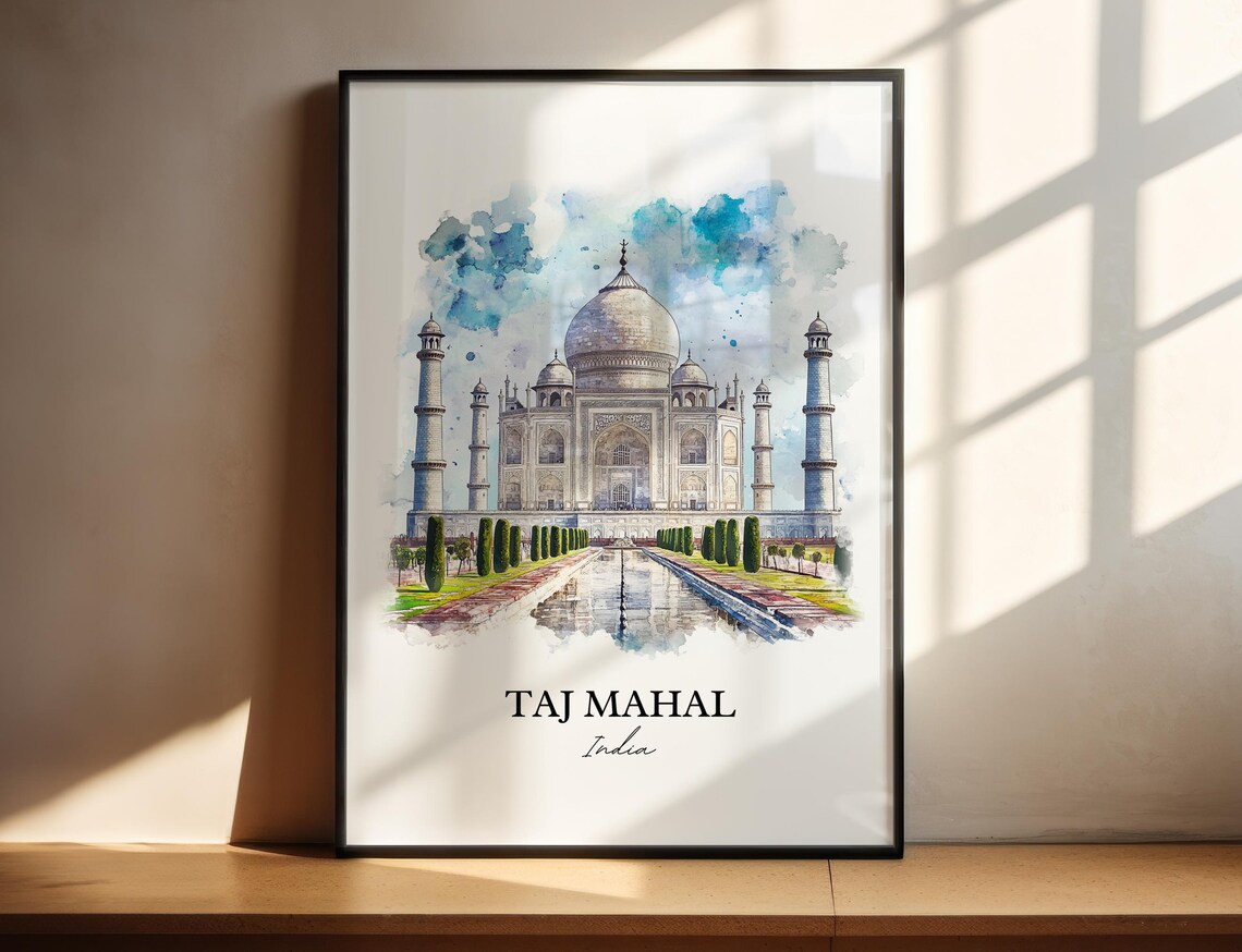 Taj Mahal India Watercolor Iconic Marble Mausoleum Art Poster