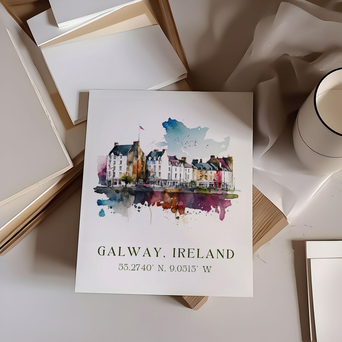 Galway Ireland Colorful Harbor Houses Scene Watercolor Art Poster
