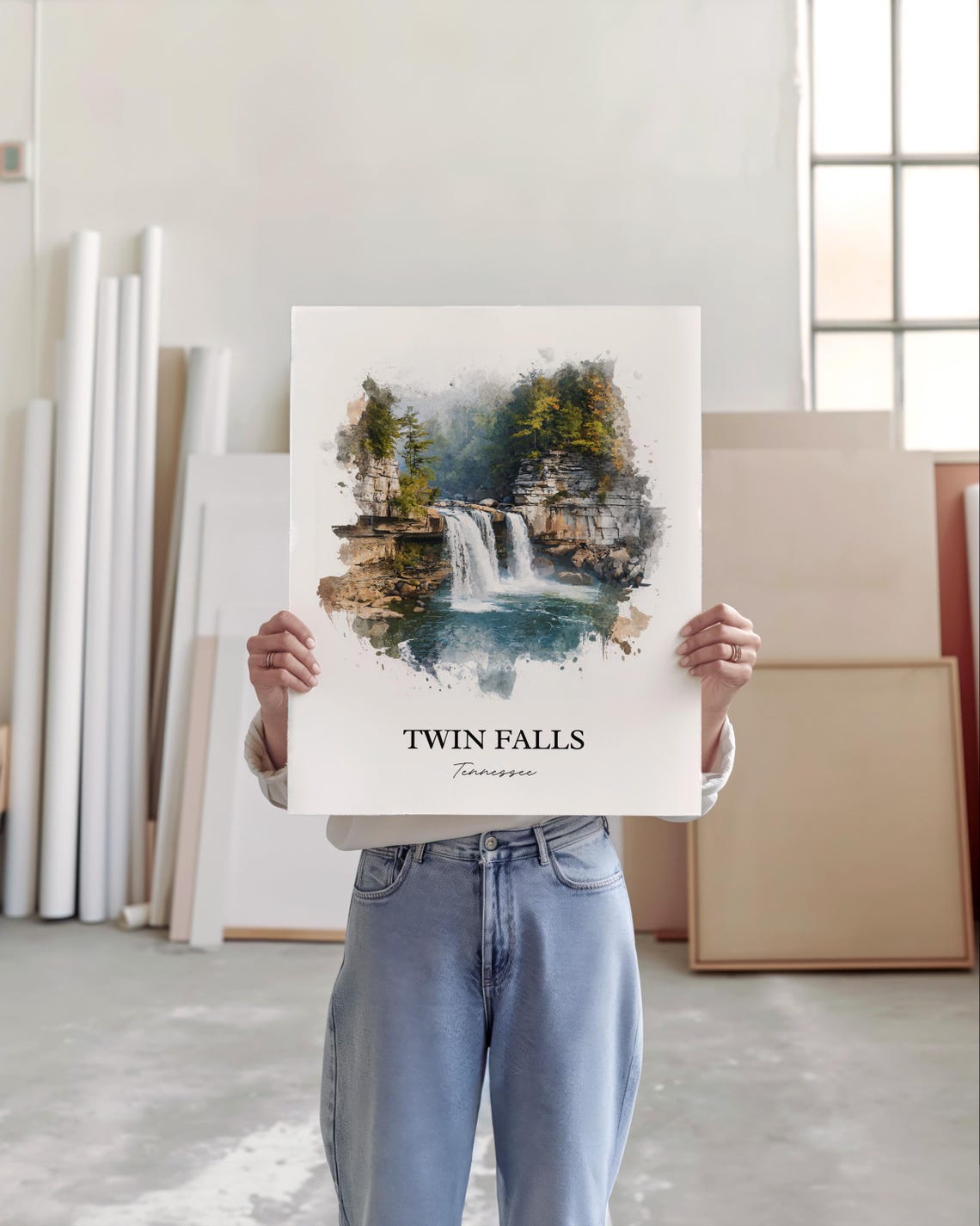 Twin Falls Tennessee Limestone Cliffs Cascade Watercolor Poster - Image 5