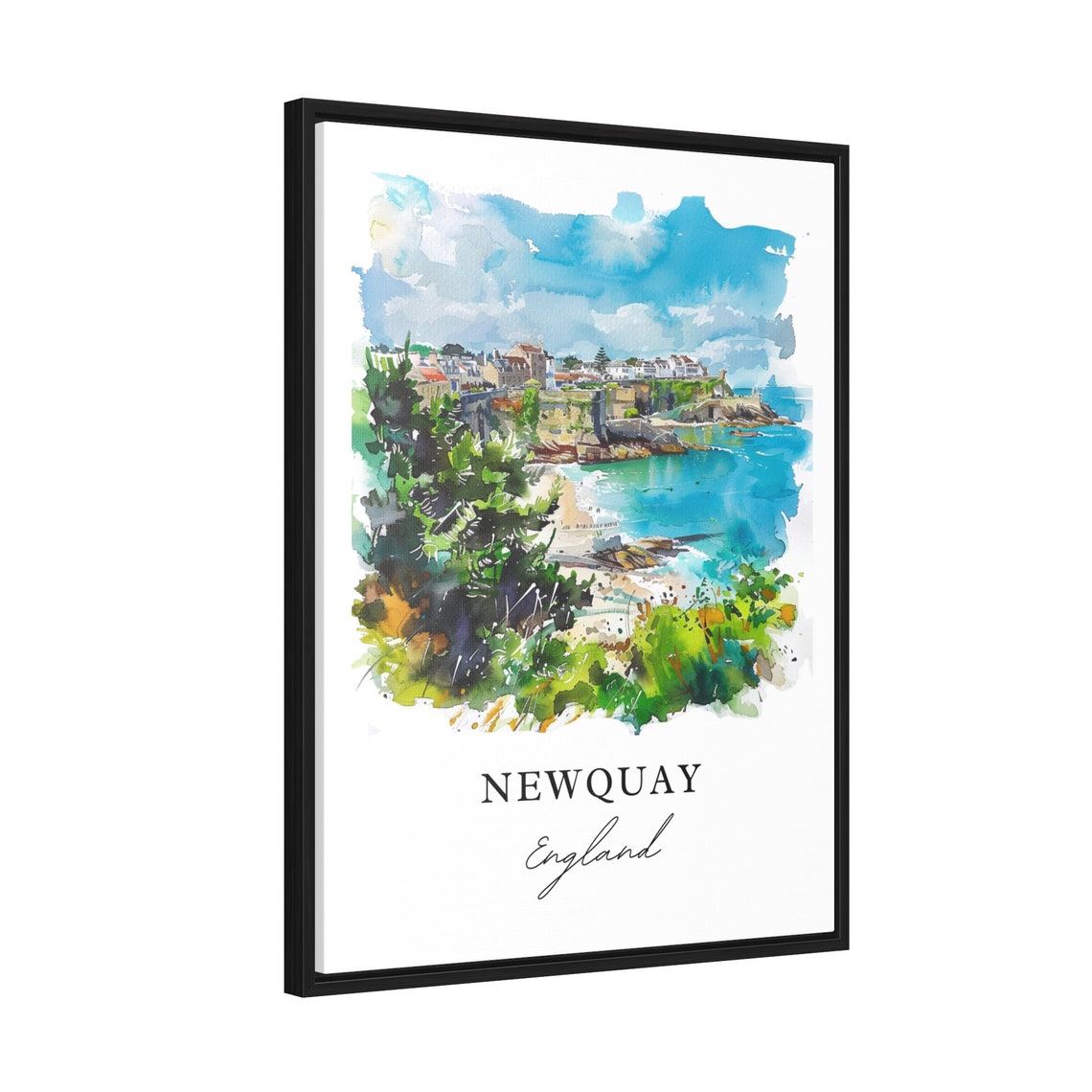 Newquay England Cornwall Coastal Cliffs Beach Watercolor Poster - Image 2
