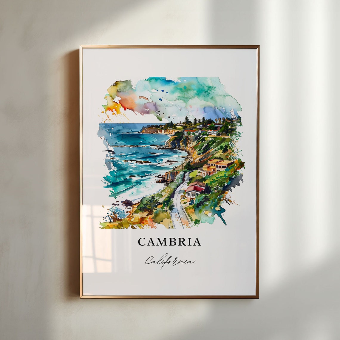 Cambria California Coastal Cliffs Watercolor Ocean View Poster
