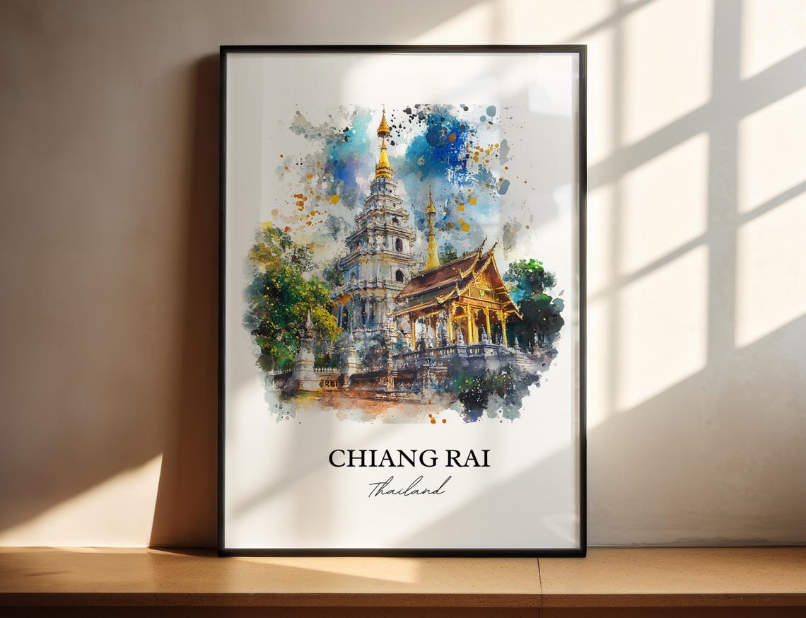 Chiang Rai Thailand Watercolor Golden Temple Landmark Art Poster