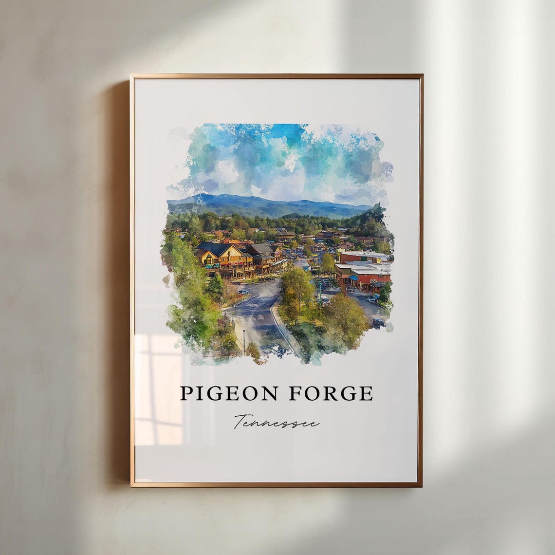 Pigeon Forge Tennessee Watercolor Mountain Town Aerial Scene Print