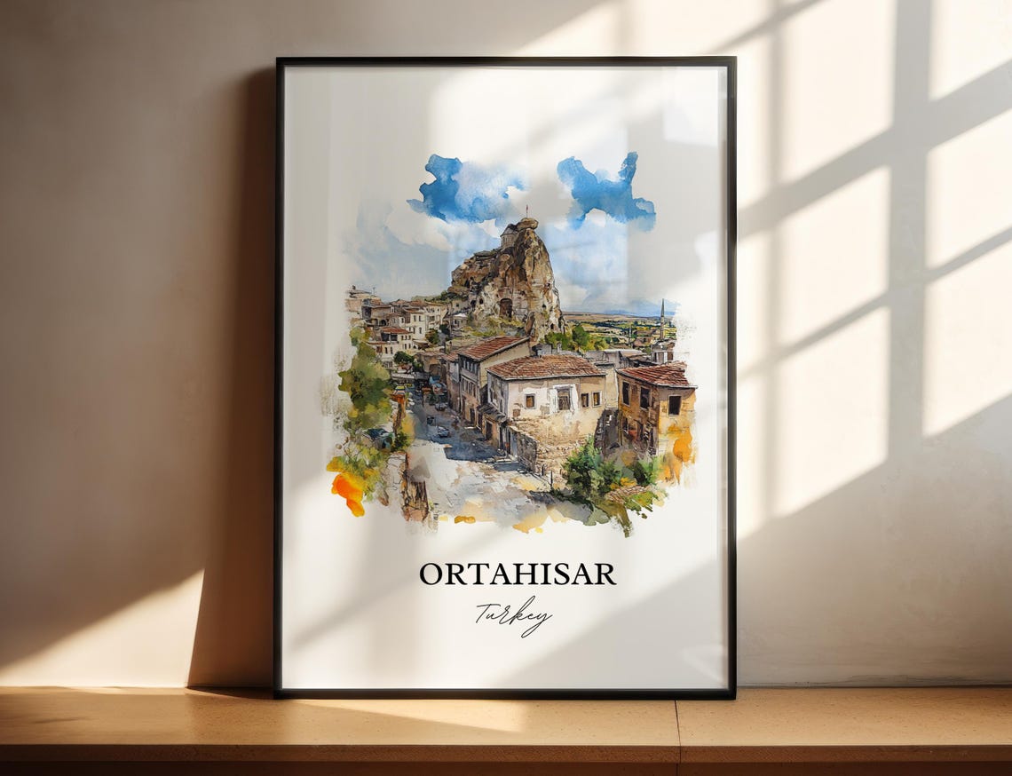 Ortahisar Turkey Watercolor Rock Castle Town Cappadocia Style Poster