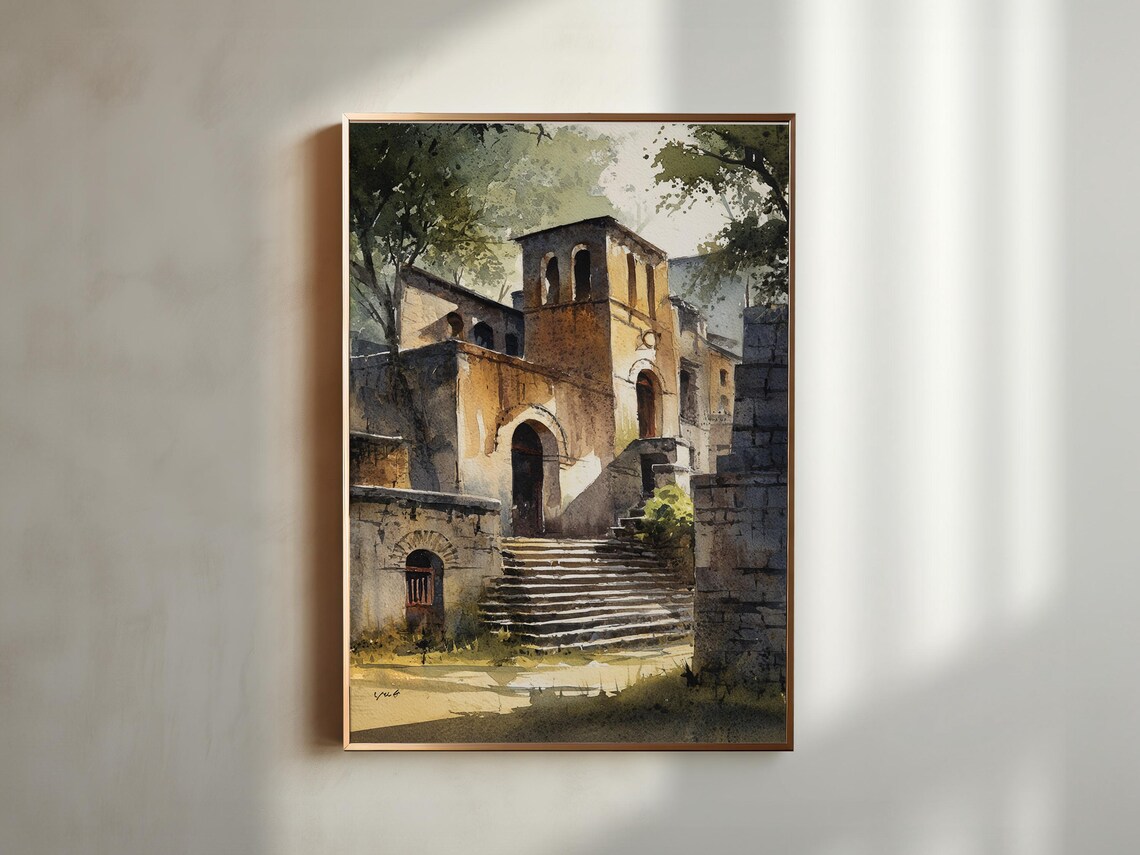 Gondar Ethiopia Watercolor Stone Church Steps Travel Art Poster