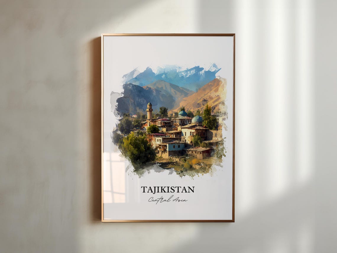 Tajikistan Central Asia Watercolor Art Mountain Village Mosque Poster - Image 4