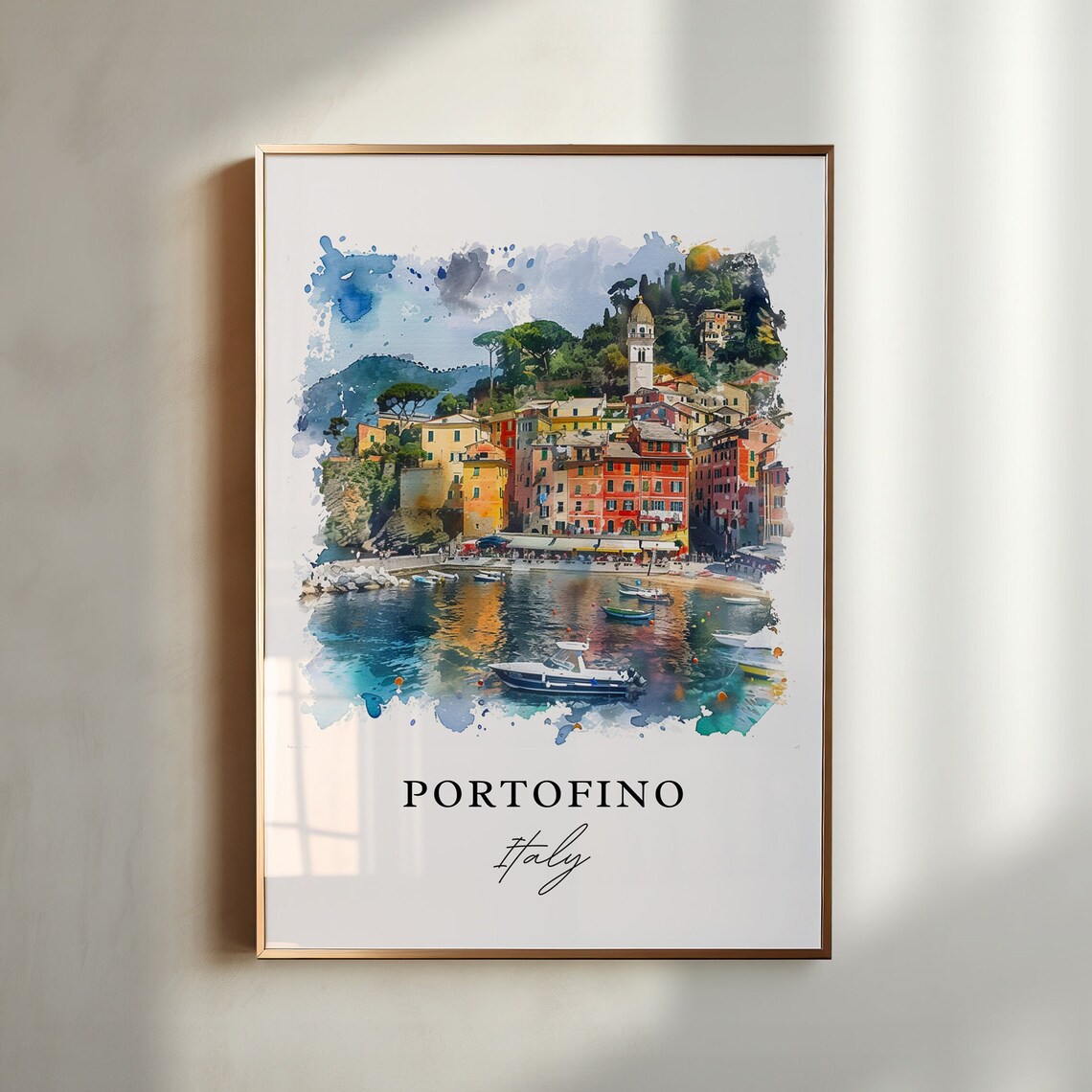 Portofino Italy Harbor Village Boats Watercolor Travel Poster