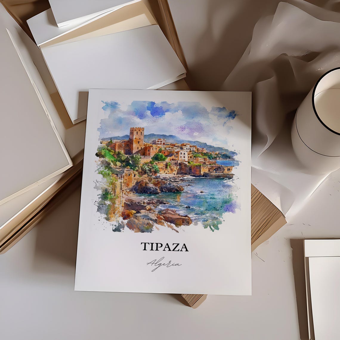 Tipaza Algeria Coastal Fort Town Harbor View Watercolor Poster - Image 3