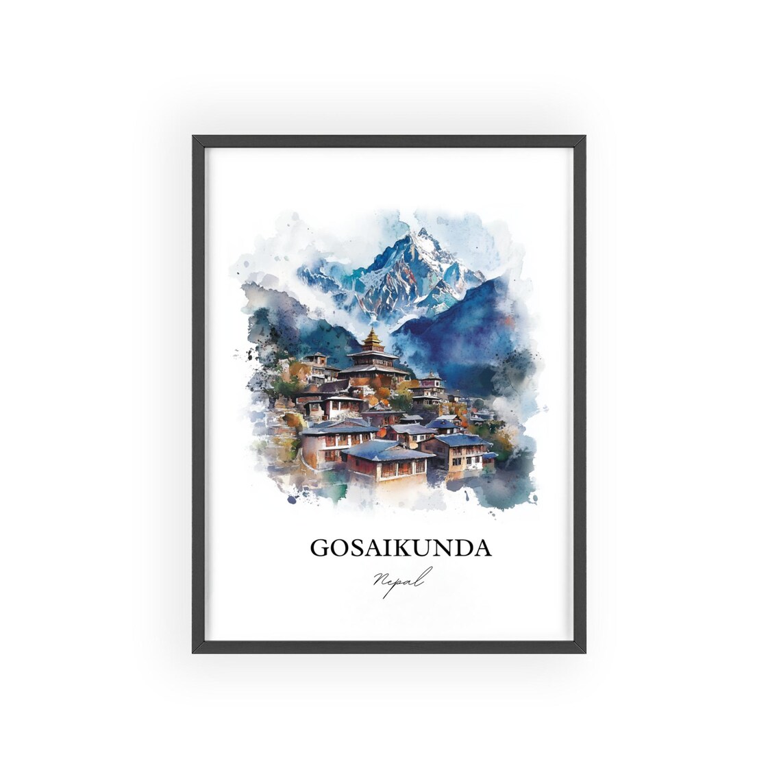 Gosaikunda Nepal Watercolor Snow Peak Mountain Village Travel Poster - Image 2